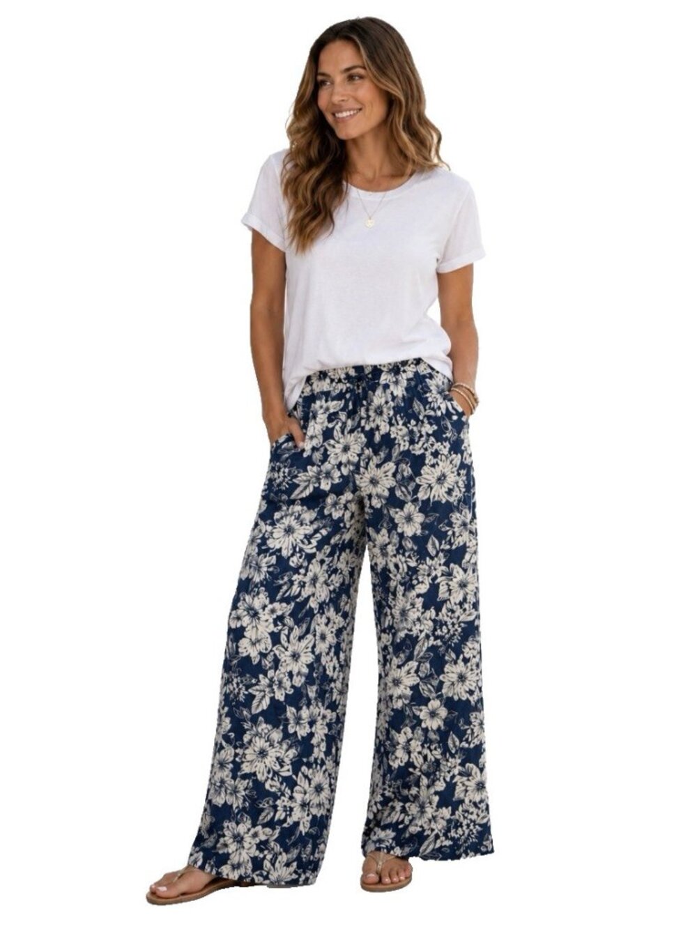 Womens C&C California Wide Leg Linen Pants blue white floral flowy comfort sz xl